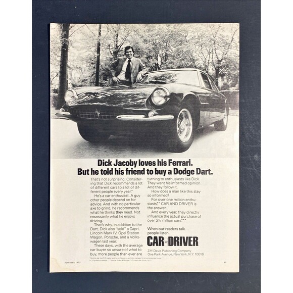 Car & Driver Magazine "Dick Jacoby Loves His ferrari" Vintage Print Ad 1975 - Picture 3 of 3